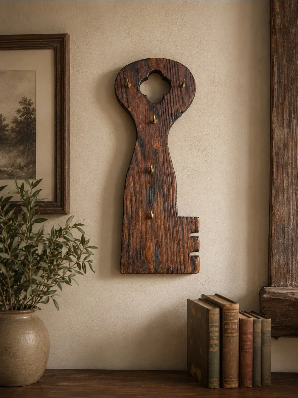 Vintage Wooden Key Wall Hook Rack Rustic Farmhouse Cottagecore Decor